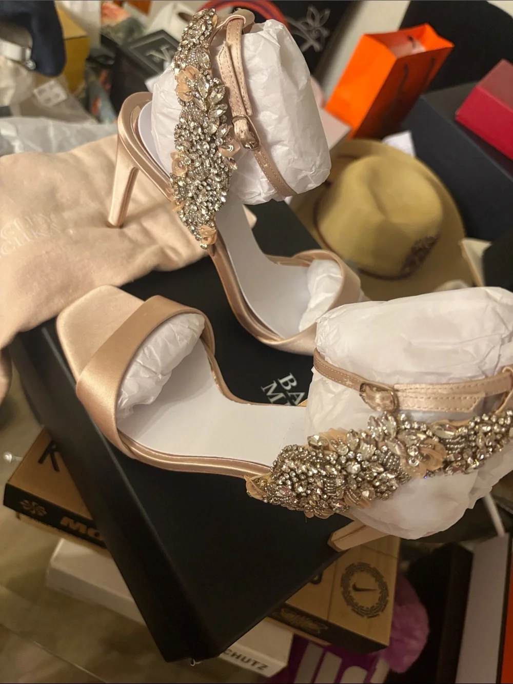 Badgley Mischka Rose Gold Crystal-Embellished Ankle-Strap Heels